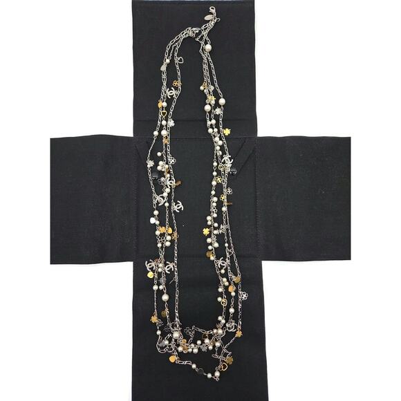 CoCo Chanel Three Strand Chain Hearts Clover Faux Pearl CC Logo Charm Necklace - Picture 1 of 16